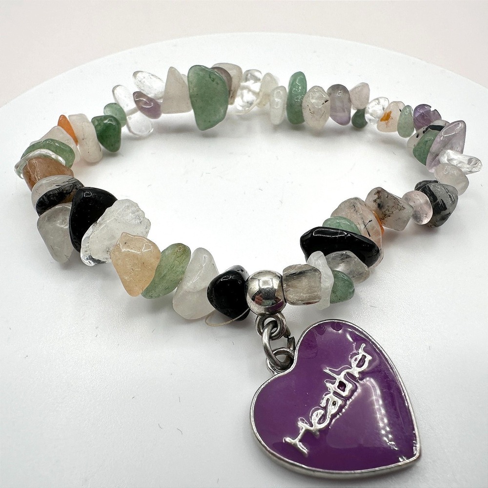 Vintage Y2K Chip Beaded Stretch Bracelet Purple Heart Charm Women's Jewelry Boho
